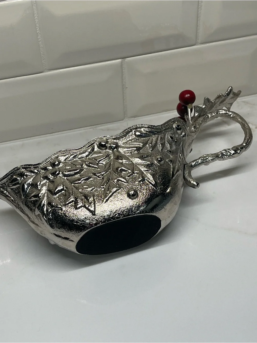 Gravy Boat -VTG- Silver - Metal - Holly Berry Christmas, Textured, 10Heavy Solid
